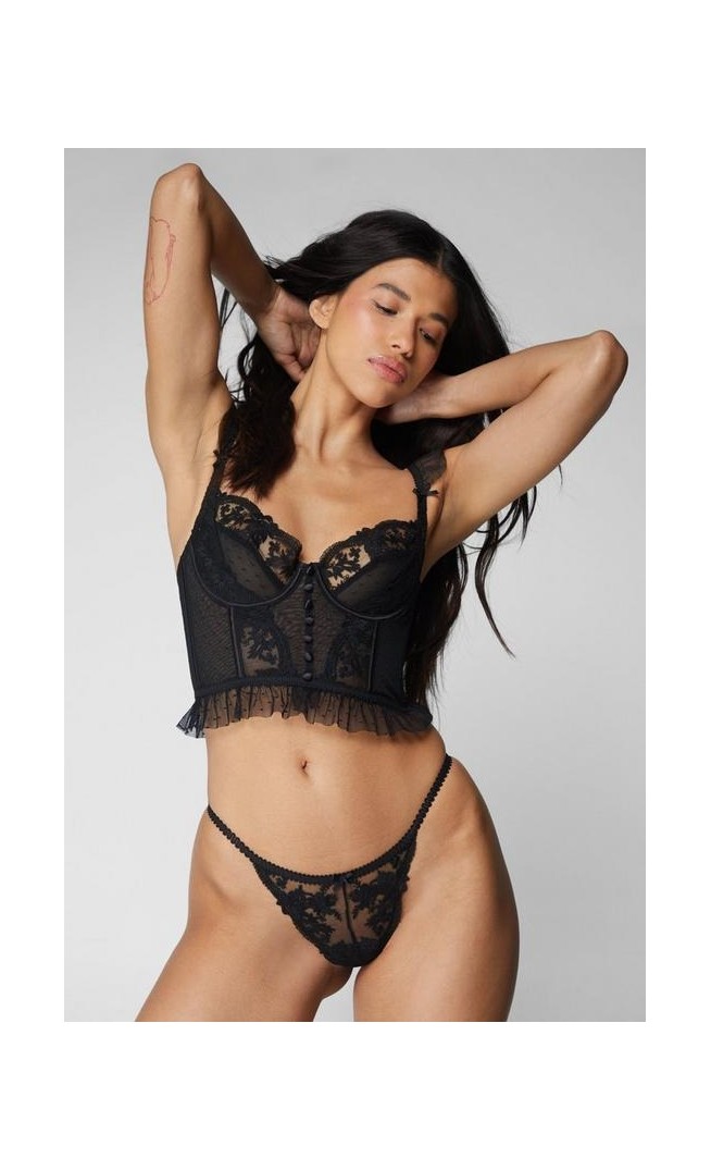 Dobby Lace Underwire Button Corset Ruffle Lingerie Set