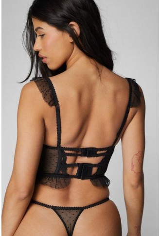 Dobby Lace Underwire Button Corset Ruffle Lingerie Set