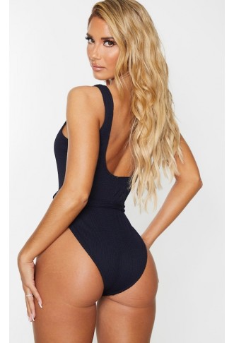 Black Tie Waist Crinkle Swimsuit