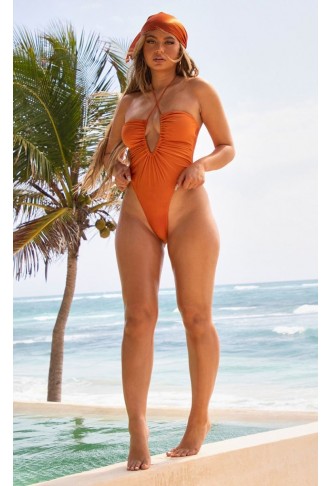 Orange Scoop Neck Ruched...