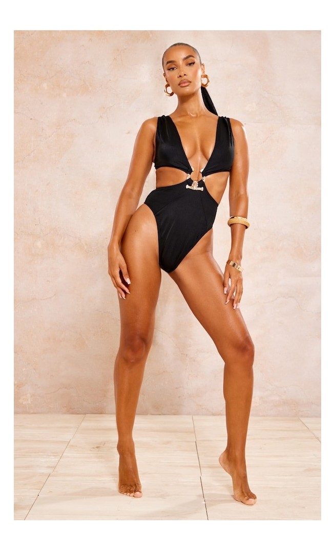 Black Hammered Trim Deep Plunge Cut Out Swimsuit