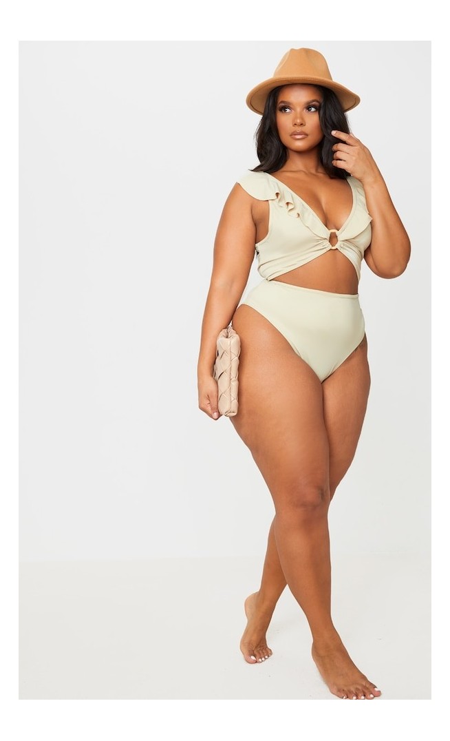 Plus Stone Frill Edge Ring Detail Cutout Swimsuit