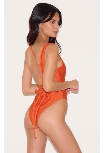 Orange Plait Detail Asymmetric Swimsuit
