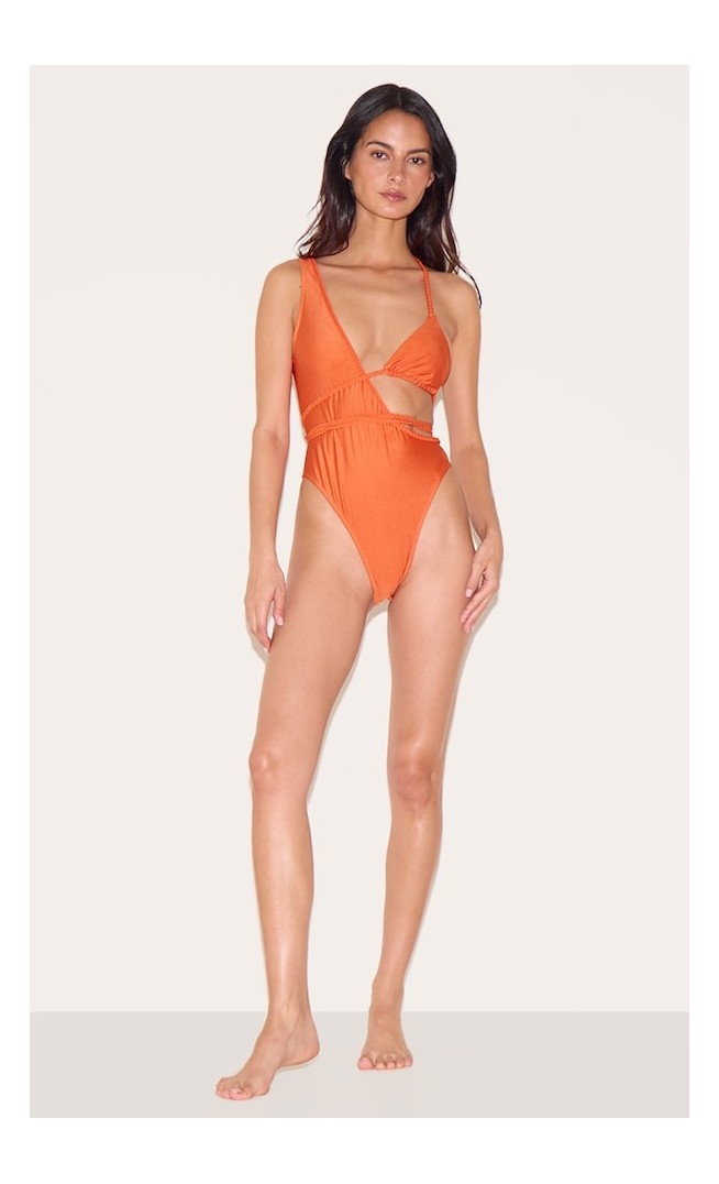 Orange Plait Detail Asymmetric Swimsuit