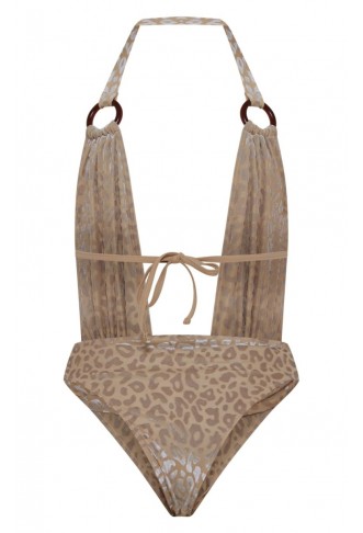 Cream Devore Plunge O Ring Swimsuit