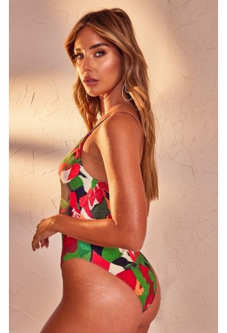 Multi Leaf Ruched Padded Swimsuit