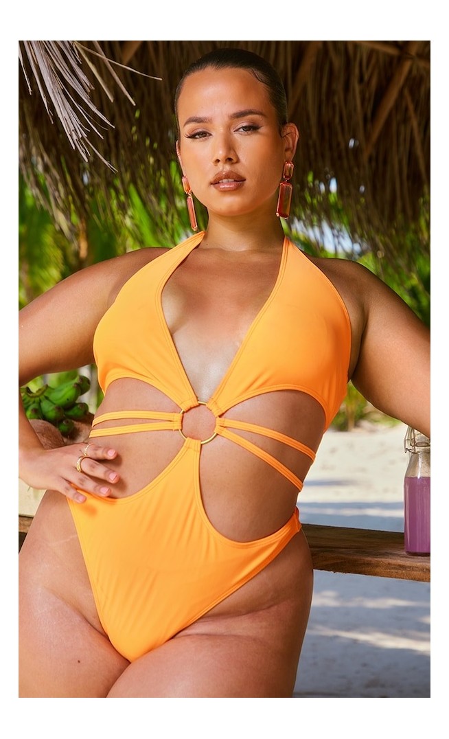 Bright Orange O Ring Halterneck Strappy Swimsuit