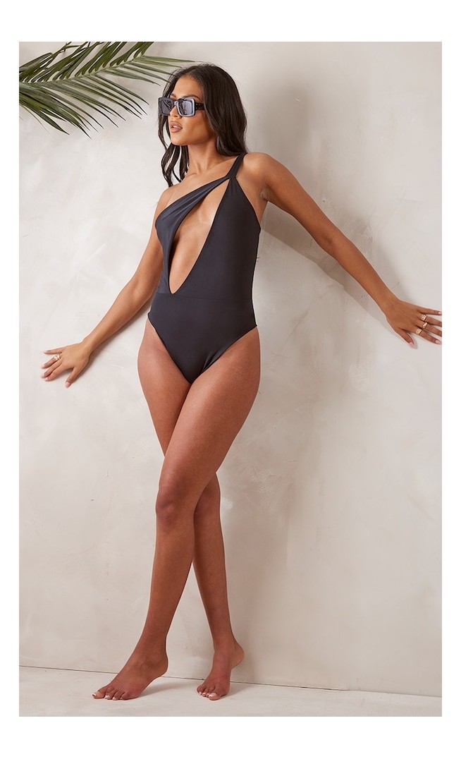 Tall Black Cut Out Asymmetric Strap Swimsuit