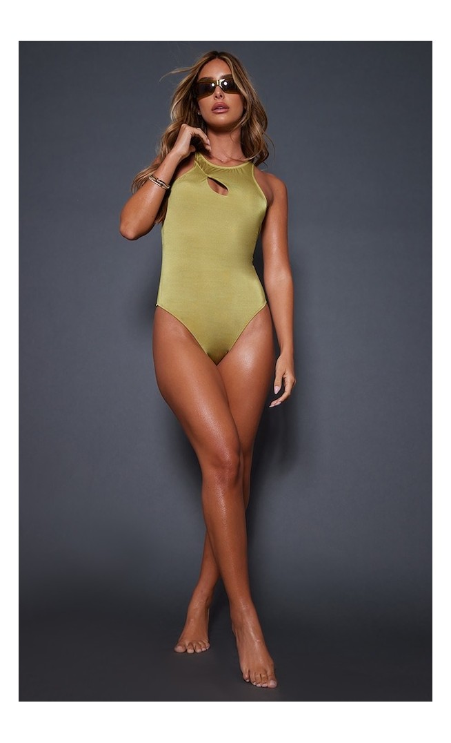 Olive Cut Out High Neck Swimsuit