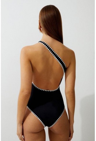 Stitch Detail One Shoulder Cut Out Swimsuit