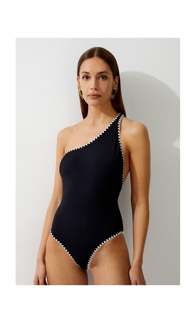 Stitch Detail One Shoulder Cut Out Swimsuit