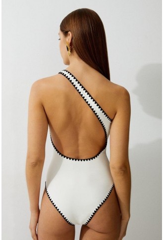Stitch Detail One Shoulder Cut Out Swimsuit