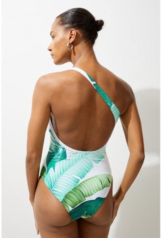 Palm Print One Shoulder Cut Out Swimsuit