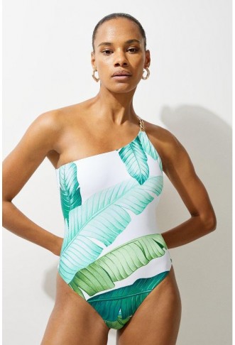 Palm Print One Shoulder Cut...