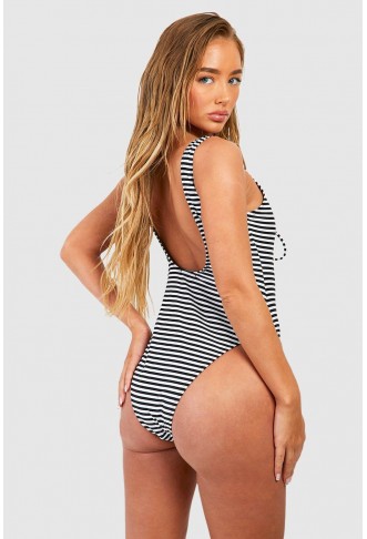 Stripe Tummy Control Lace Up Swimsuit