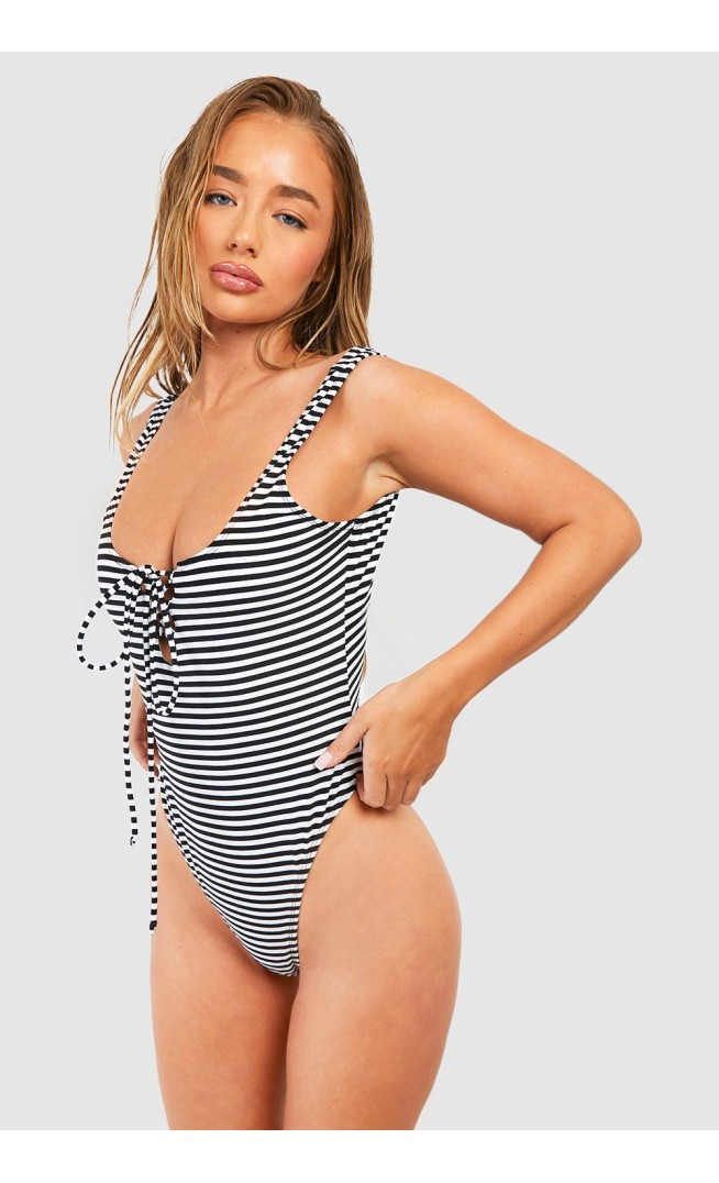 Stripe Tummy Control Lace Up Swimsuit