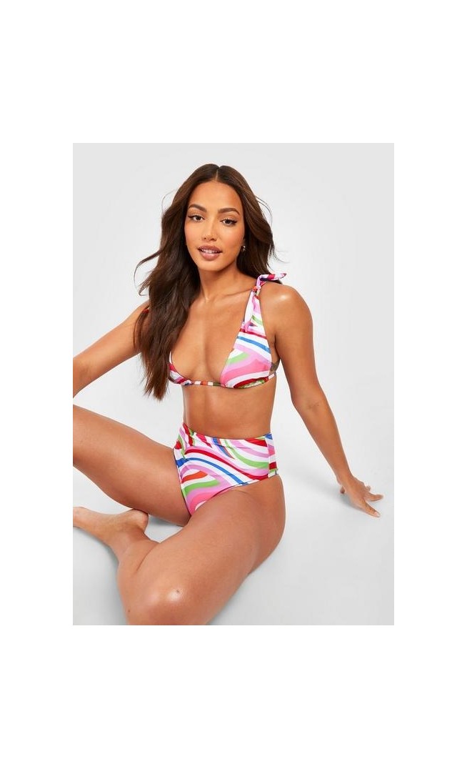 Tall Abstract Stripe Tie Shoulder High Waist Bikini Set