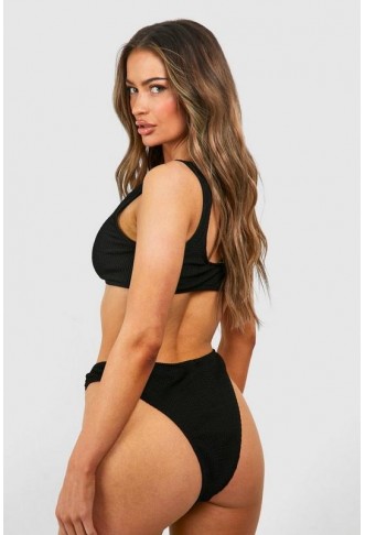 Heart O-Ring Detail Crinkle Bikini Top & High Leg Bikini Bottoms Set