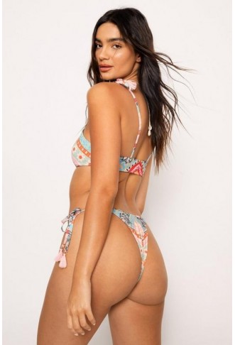 Floral Border Print Tassel Tie Shoulder Crop Bikini Set