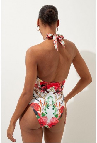Mirror Floral Print Plunge Swimsuit