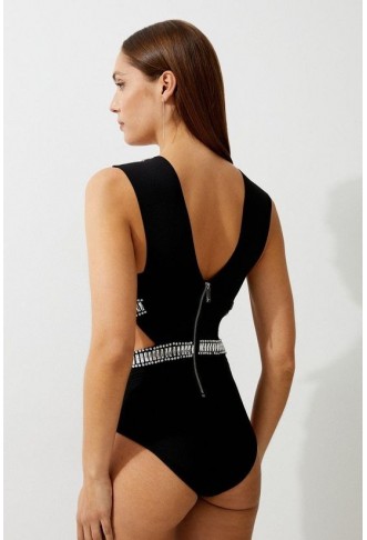 Bandage Embellished Trim Cut Out Swimsuit
