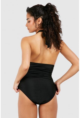 Petite Tummy Control Ruched Halterneck Swimsuit - black