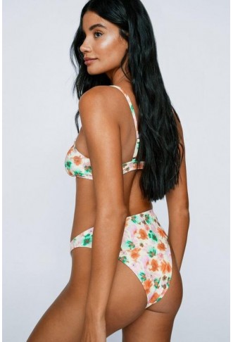 Towelling Blurred Floral Tie Bikini And Sarong 3pc Set