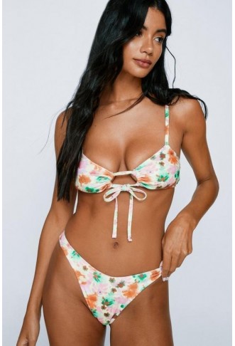 Towelling Blurred Floral Tie Bikini And Sarong 3pc Set