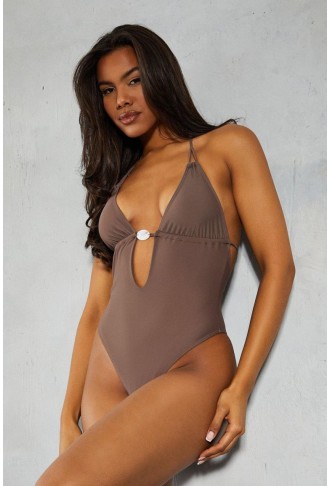 Shell Detail Halter Neck Plunge Swimsuit