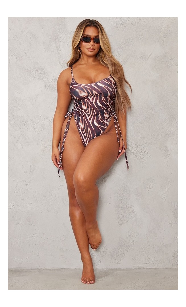 Shape Brown Zebra Print Ruched Side High Rise Swimsuit