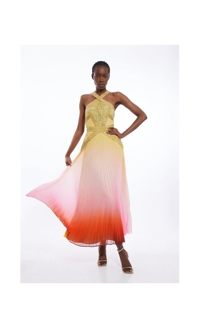 Embellished Ombre Pleated Woven Maxi Dress