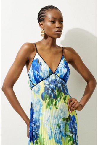 Floral Pleated Crinkle Strappy Woven Midi Dress