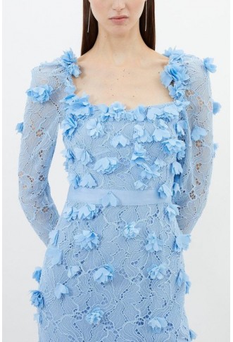 Lace Petal Applique Woven Midi Dress