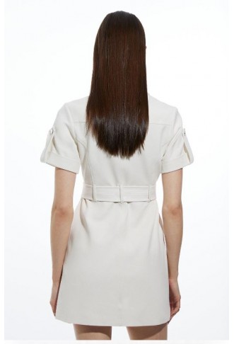 Tailored Cotton Stretch Pocketed Belted Tailored Mini Shirt Dress