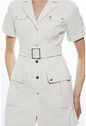 Tailored Cotton Stretch Pocketed Belted Tailored Mini Shirt Dress