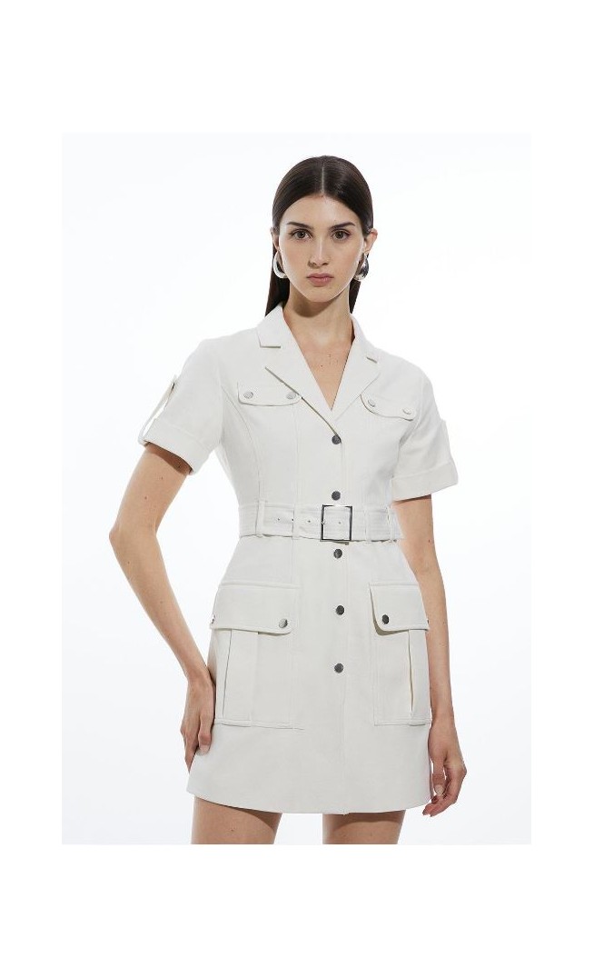 Tailored Cotton Stretch Pocketed Belted Tailored Mini Shirt Dress
