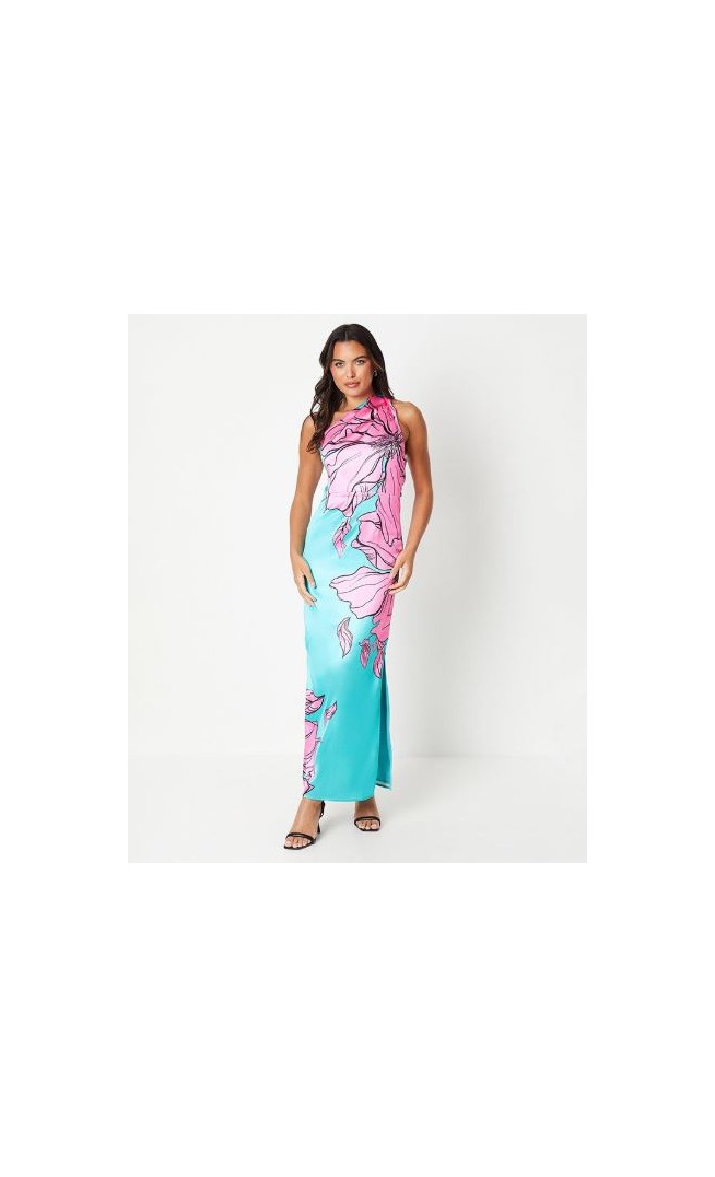 Placement Print One Shoulder Maxi Dress