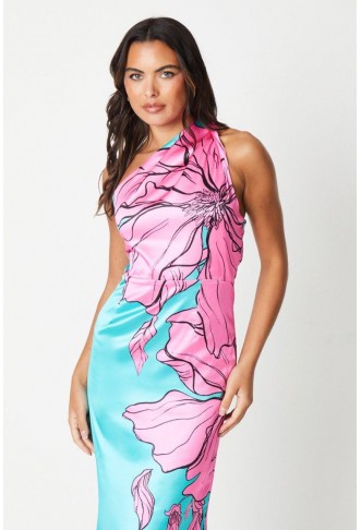 Placement Print One Shoulder Maxi Dress
