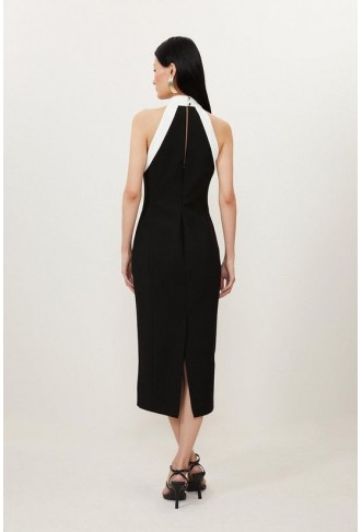 Petite Compact Stretch Contrast Halter Neck Midi Dress