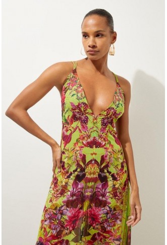 Embellished Mirrored Floral Strappy Beach Maxi Dress