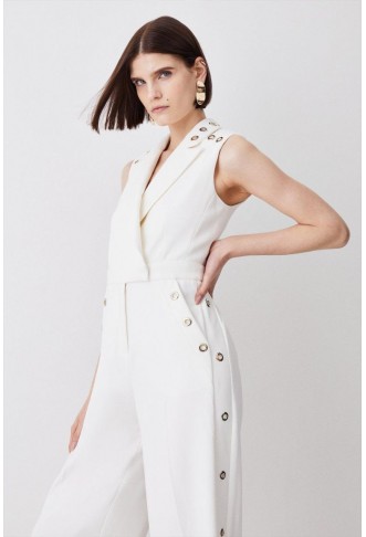 Compact Stretch Mesh Cut Out Eyelet Detail Wide Leg Jumpsuit