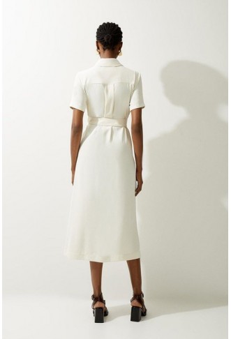 Petite Tailored Crepe Pocket Detail Short Sleeved Belted Midi Shirt Dress