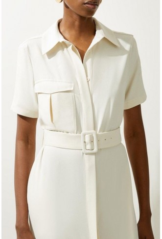 Petite Tailored Crepe Pocket Detail Short Sleeved Belted Midi Shirt Dress