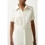 Petite Tailored Crepe Pocket Detail Short Sleeved Belted Midi Shirt Dress