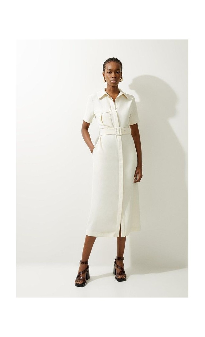 Petite Tailored Crepe Pocket Detail Short Sleeved Belted Midi Shirt Dress