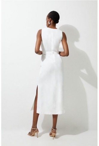 Premium Linen Tailored Button Detail Belted Midi Dress