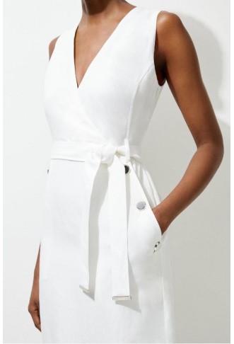 Premium Linen Tailored Button Detail Belted Midi Dress