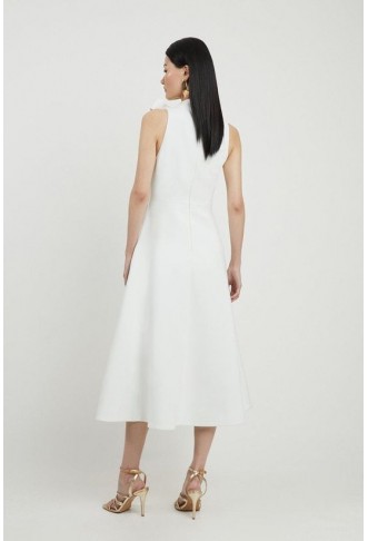 Compact Stretch Bow Tie Neck Full Skirted Midi Dress