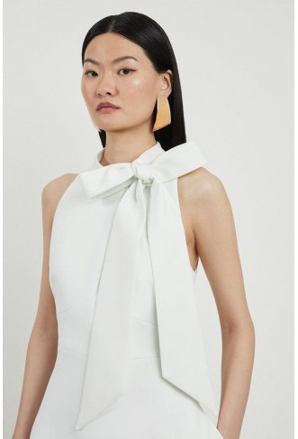 Compact Stretch Bow Tie Neck Full Skirted Midi Dress
