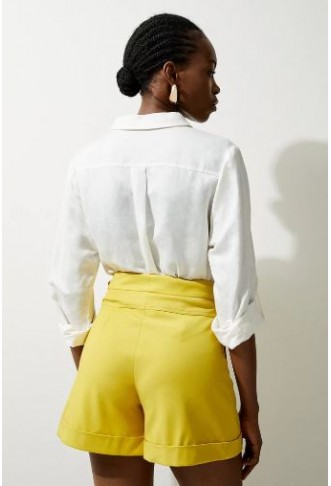 Viscose Stretch Cotton Waist Tab Detail Tailored Shorts